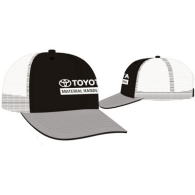 Trucker cap with liquid metal finish, mesh back panels, and snapback closure.
