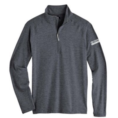 Dark heather gray quarter-zip pullover, small size, with ribbed cuffs and soft interior.