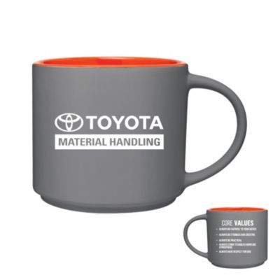 Grey and orange ceramic mug with 16 oz capacity and curved handle for comfortable grip.