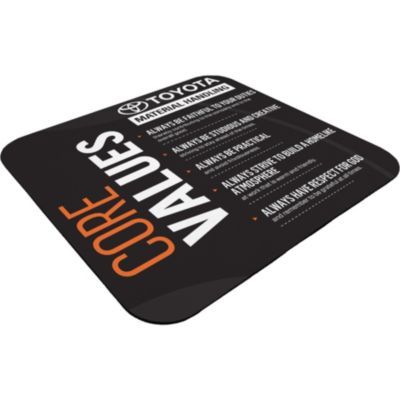 Black square mouse mat made from recycled materials, with smooth surface and stitched edges.