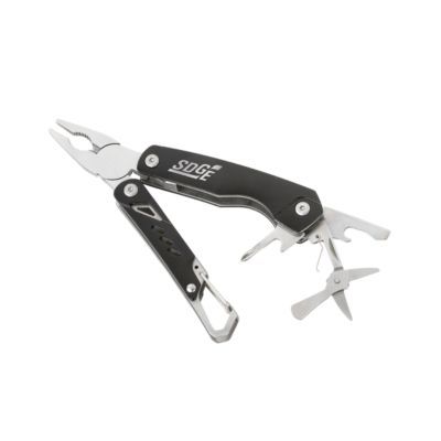 Silver multi-tool with gripper handle, includes pliers, screwdriver, and other functions.