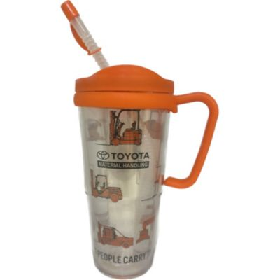Orange thermal mug with 24 oz capacity, double-wall insulation, and screw-top lid.