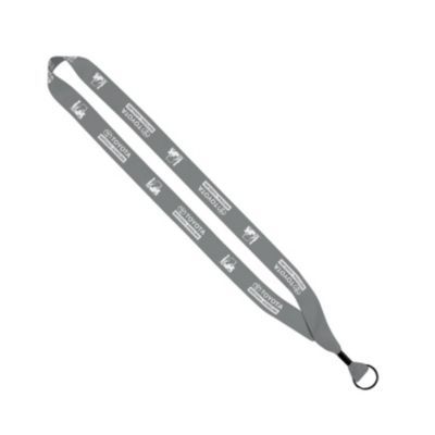 Gray lanyard, 3/4 inch wide, with metal clasp and smooth fabric for comfortable wear.
