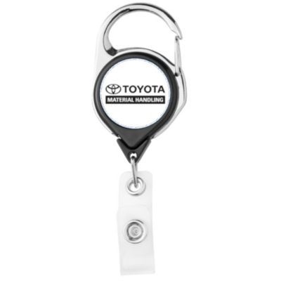 Black badge reel with opaque carabiner clip and retractable cord for ID cards.