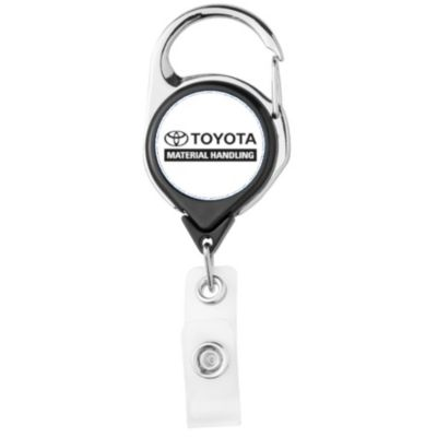 Black badge reel with opaque carabiner clip and retractable cord for ID cards.