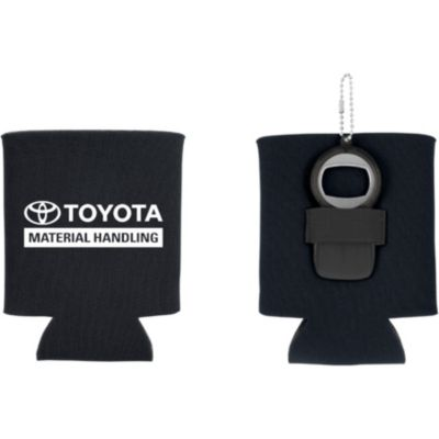 Black can koozie with built-in bottle opener, designed for convenience and insulation.