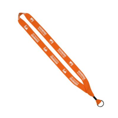 Orange lanyard, 3/4 inch wide, with metal clasp and smooth fabric for comfortable wear.
