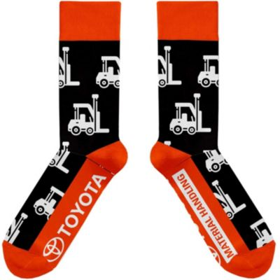 Custom dress socks with forklift-themed design, made from soft stretch fabric.