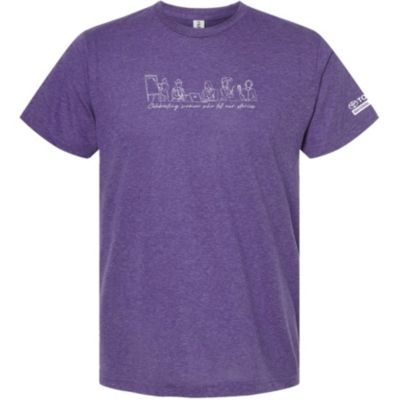 Heather purple unisex t-shirt, small size, with “Celebrating Women” graphic and soft fabric.