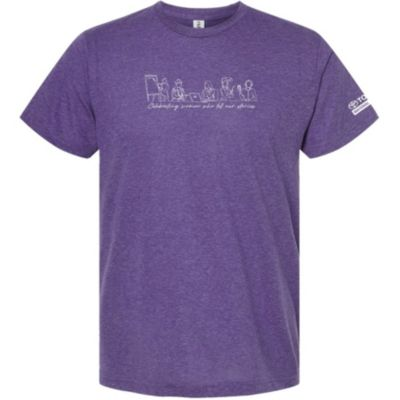 Heather purple unisex t-shirt, small size, with “Celebrating Women” graphic and soft fabric.