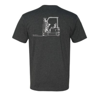 Forklift-themed performance tee in small size, charcoal color, with soft stretch fabric and crewneck.