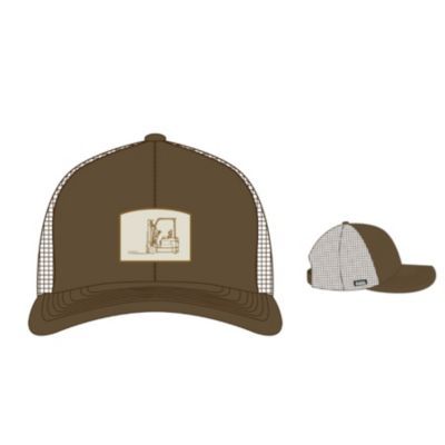 Chestnut trucker cap with mesh back, curved brim, and forklift-themed patch.