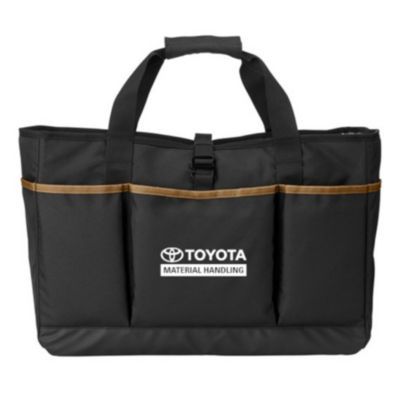 Black utility tote bag with multiple compartments and rugged handles, ideal for work gear.