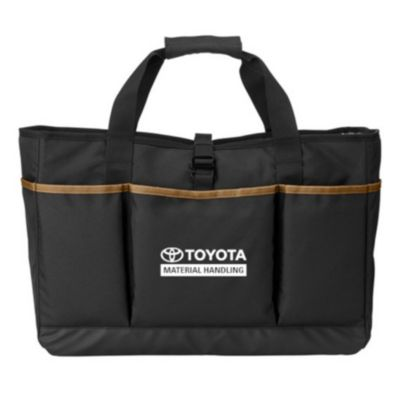 Black utility tote bag with multiple compartments and rugged handles, ideal for work gear.