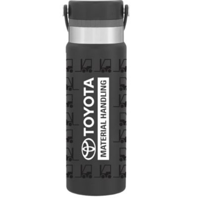 Black forklift-themed bottle with screw-top lid and durable stainless steel construction.
