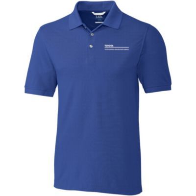 Men's tour blue pique polo in small size, with Cutter & Buck branding and moisture-wicking fabric.