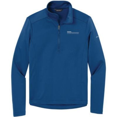 Men's cobalt blue fleece quarter-zip pullover in small size, with Eddie Bauer branding and soft interior.