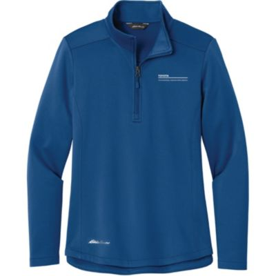 Women's cobalt blue fleece quarter-zip pullover in small size, with Eddie Bauer branding and soft lining.