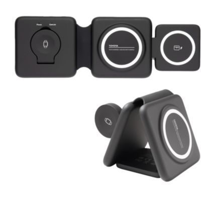 Black bi-fold MagSafe travel charging station with magnetic alignment and foldable design.