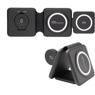 Black bi-fold MagSafe travel charging station with magnetic alignment and foldable design.