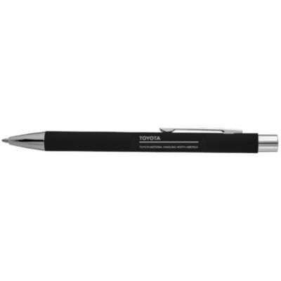 Black soft-touch pen with smooth grip and silver accents, designed for everyday writing.