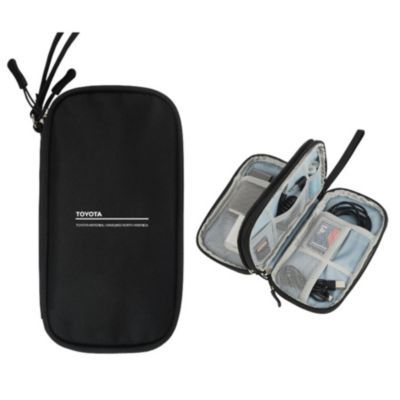 Black travel case with zippered closure and internal compartments for tech accessories.