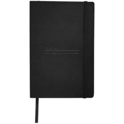 Black soft-bound journal with lined pages and elastic closure, ideal for notes and planning.