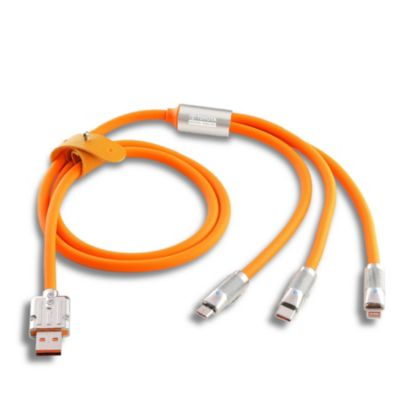Orange 3-in-1 charging cable with USB, micro USB, and lightning connectors, designed for durability.