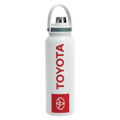 A white insulated water bottle with a handle on top. The bottle features the Toyota logo and the word 'TOYOTA' in red vertical text along the side.