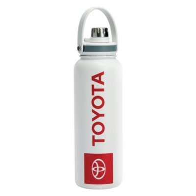 A white insulated water bottle with a handle on top. The bottle features the Toyota logo and the word 'TOYOTA' in red vertical text along the side.