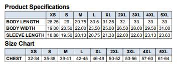 Clothing size chart and product specifications including body, chest, and sleeve measurements.