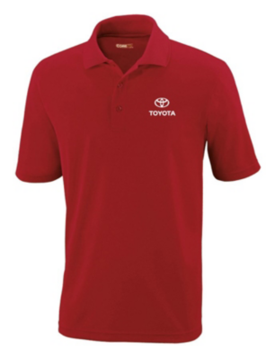 A red polo shirt with a collar and short sleeves. The shirt has the Toyota logo and the word 'TOYOTA' embroidered in white on the left chest area.