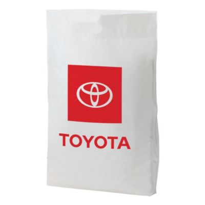 A white plastic bag with a red square logo featuring the Toyota emblem and the word 'TOYOTA' written below it in red.""