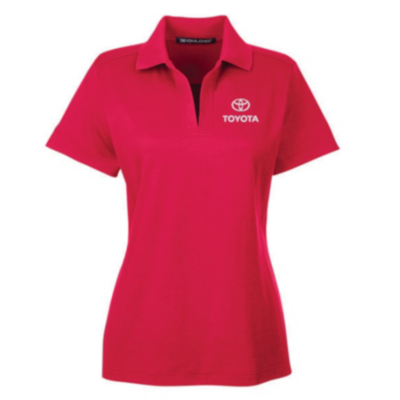 A red women's polo shirt with the Toyota logo and 'TOYOTA' embroidered in white on the left chest.