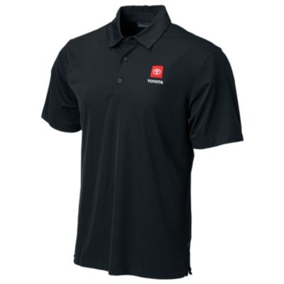 A black polo shirt with a collar, three buttons, and a small red square logo with 'TOYOTA' in white.