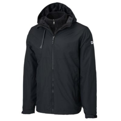 A black hooded jacket with a front zipper, two side pockets, and a small logo on the left sleeve. The jacket has a high collar and appears to be made of a water-resistant materia