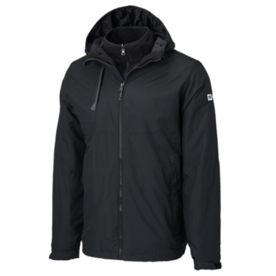 A black hooded jacket with a front zipper, two side pockets, and a small logo on the left sleeve. The jacket has a high collar and appears to be made of a water-resistant materia
