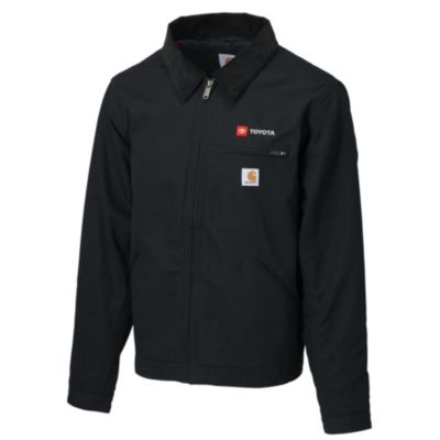 A black hooded jacket with a front zipper, two side pockets, and a small logo on the left sleeve. The jacket has a high collar and appears to be made of a water-resistant materia