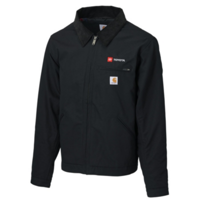 A black hooded jacket with a front zipper, two side pockets, and a small logo on the left sleeve. The jacket has a high collar and appears to be made of a water-resistant materia