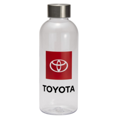 A clear plastic water bottle with a silver metal cap. The bottle features a red square logo with the Toyota emblem in white, and the word 'TOYOTA' in black below the logo