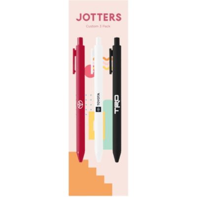 Packaging for 'Jotters Custom 3 Pack' pens. Shows three pens: red with a globe icon, white with the Toyota logo, and black with the TRD logo