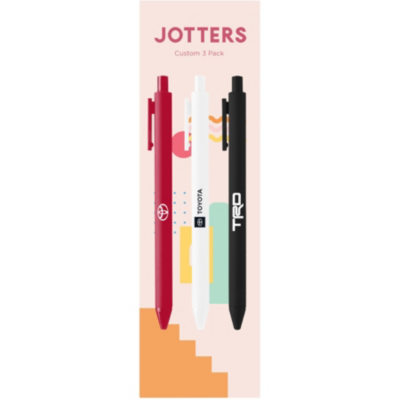 Packaging for 'Jotters Custom 3 Pack' pens. Shows three pens: red with a globe icon, white with the Toyota logo, and black with the TRD logo