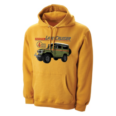 A yellow hoodie with a graphic design on the front. The design features an illustration of a green Toyota Land Cruiser vehicle, with the text ""Toyota Land Cruiser"" 