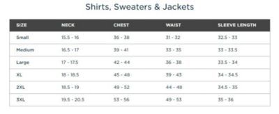 Size chart for shirts, sweaters, and jackets showing neck, chest, waist, and sleeve length measurements for sizes Small through 3XL