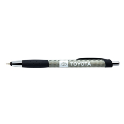 A ballpoint pen with a camouflage pattern and the Toyota logo and name printed on the barrel. The pen has a black grip, a black clip, and silver accents at the tip and click mechanism