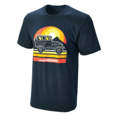  A black T-shirt featuring a graphic design of an off-road vehicle driving over rugged terrain against a stylized sunset background. The word ""Landcruiser"" is written below the vehicle in white text.