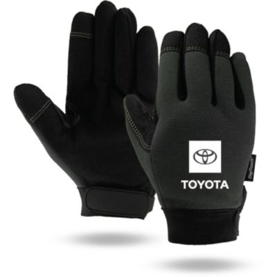 A pair of black touchscreen-friendly work gloves with the Toyota logo. The gloves have reinforced fingertips, a textured grip on the palm, and an adjustable wrist strap
