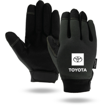 A pair of black touchscreen-friendly work gloves with the Toyota logo. The gloves have reinforced fingertips, a textured grip on the palm, and an adjustable wrist strap