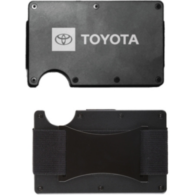  a black metal wallet with the Toyota logo on the front. The wallet has a minimalist design with a cutout on one side for easy access to cards. The back of the wallet features an elastic band for securing additional items.