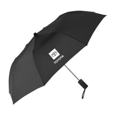  The canopy of the umbrella is black and features the Toyota logo